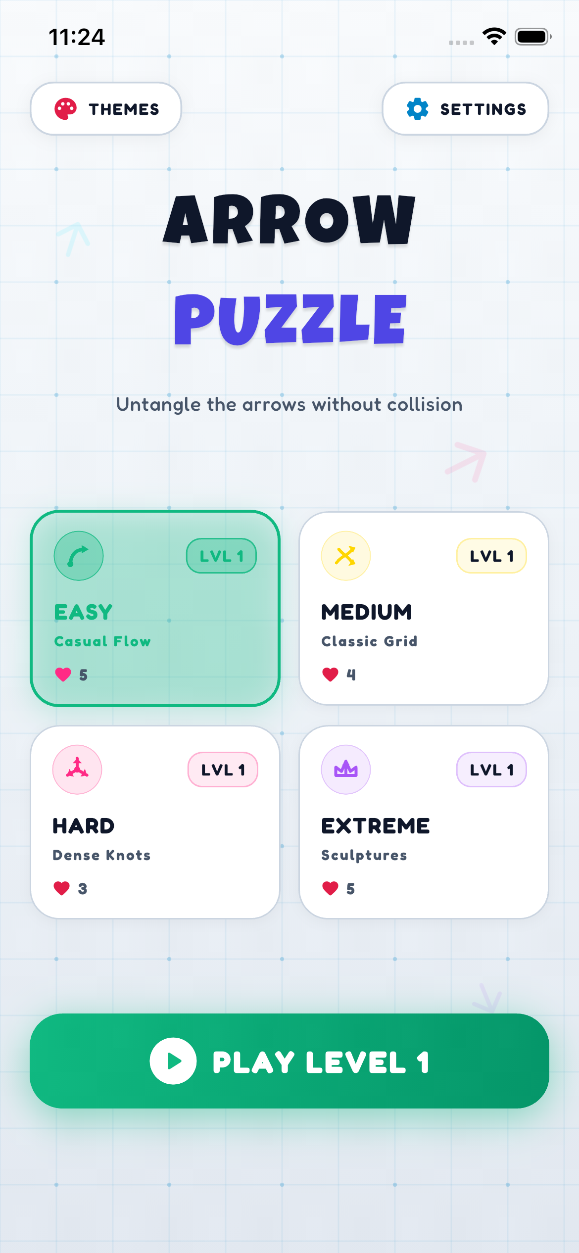 Arrow Puzzle main menu and level selection screen